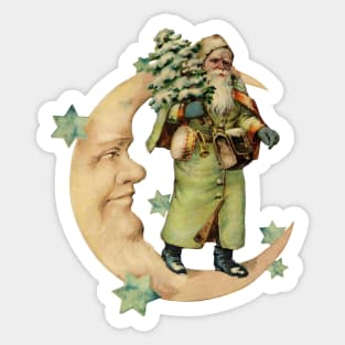 Vintage Primitive Santa Claus standing on the crescent moon Sticker